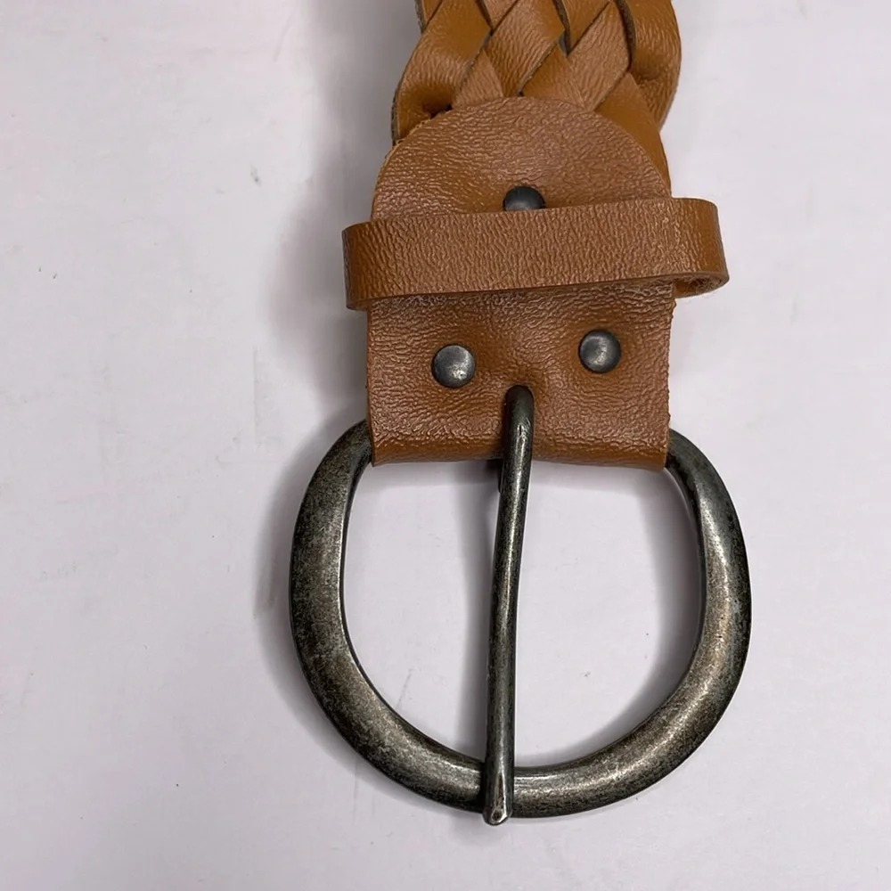 Woven Chunky Belt Brown Vegan Leather Rounded Buckle